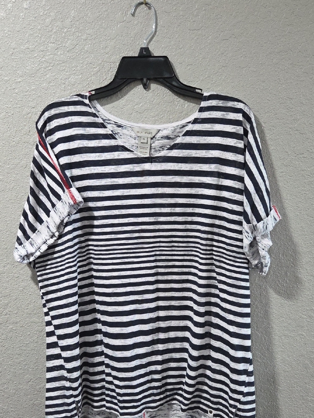 Navy Blue, White & Red Trim Striped Short Sleeve Tee